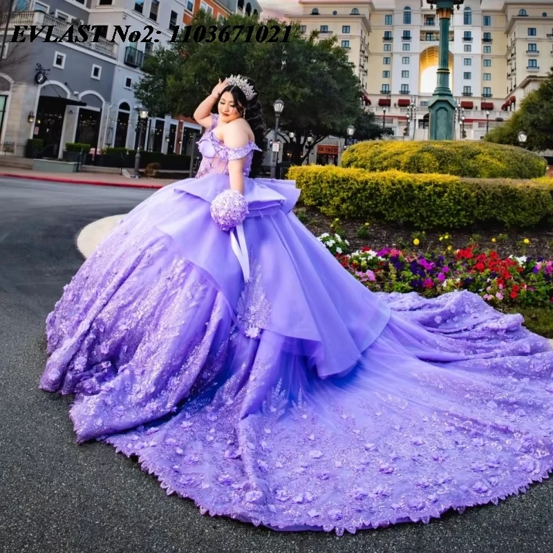 

Индивидуальное платье EVLAST для церемонии Qinceanera в стиле принцессы, сиреневое, бальное, с 3D кружевными аппликациями и хрустальными бусинами, для Sweet 16, Vestidos 15 Anos E2QA373