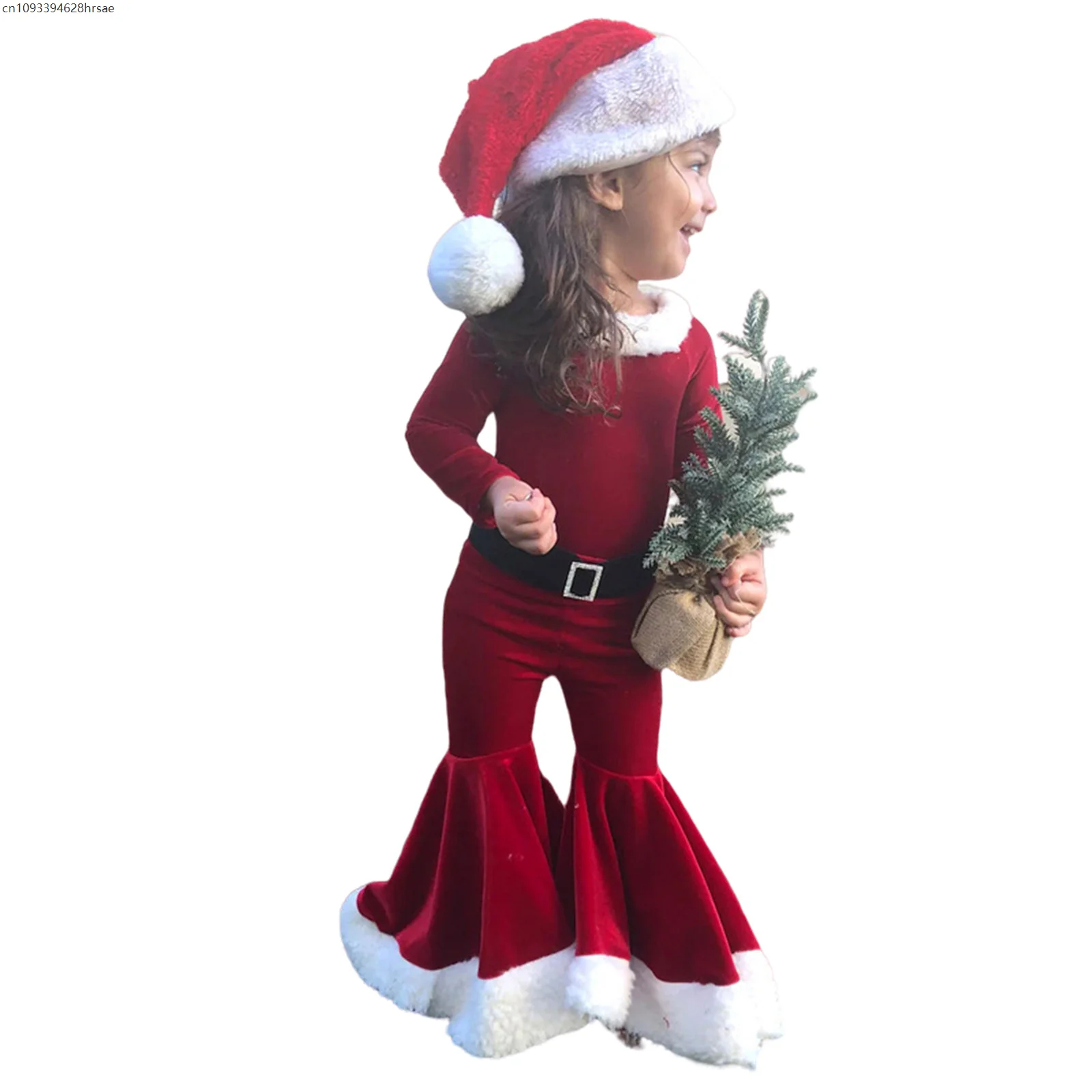 الأطفال عيد الميلاد عيد الميلاد قزم سانتا كلوز تأثيري حلي الفتيات طويلة الأكمام مع السراويل المتوهجة قبعة موضوع فستان الحفلات الزي