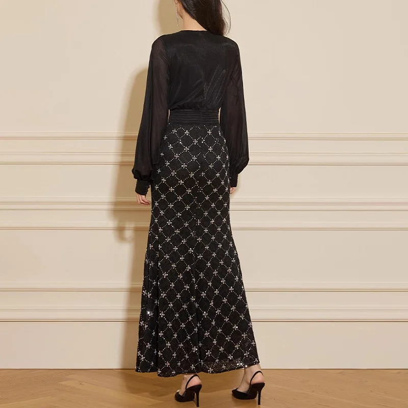 프랑스 우아한 사교계 여성용 이브닝 드레스 V넥 긴팔 패치워크 하이웨이스트 플래드 다이아몬드 롱 파티 드레스 여성 여름용