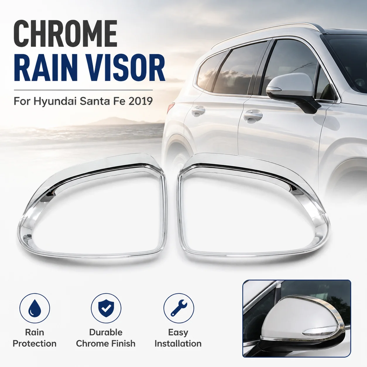 2Pcs Chrome Rain Visor for Hyundai Santa Fe 2019 Side Mirror