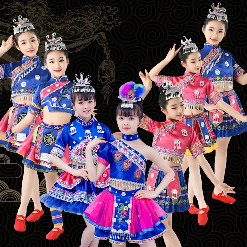 Costume Miao de style chinois pour filles, costume de danse Dong, costume de spectacle pour filles