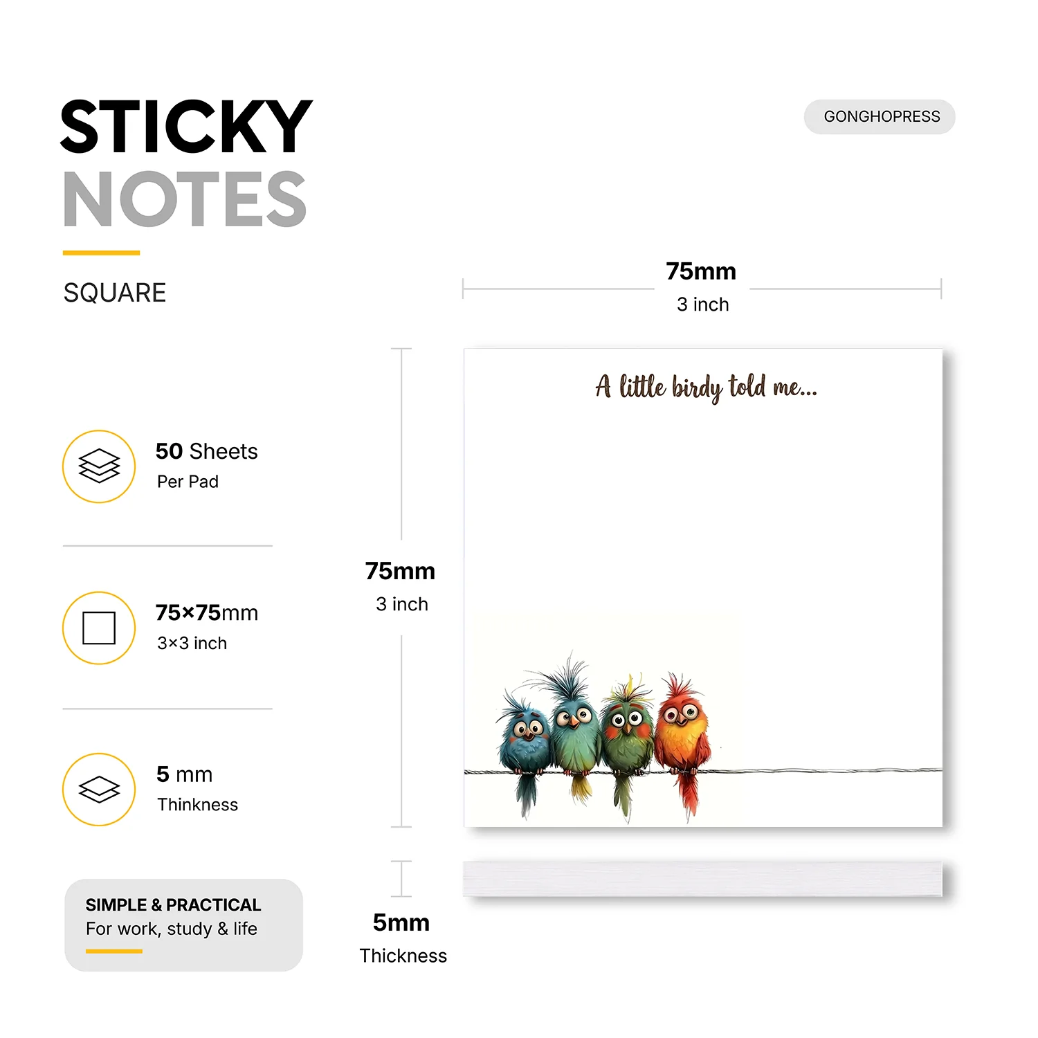 2pcs Cute Bird Sticky Notes, “A Little Birdy Told Me” Kawaii Animal Self Stick Memo Pads, 100 Sheets Total, Funny Aesthetic Note