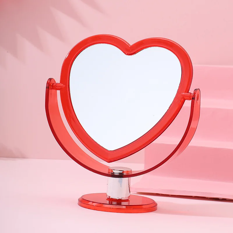 Korean Style Heart Shaped Cosmetic Mirror Acrylic Base Makeup Mirror Rotatable Home Bedroom Desktop Vanity Mirror for Women