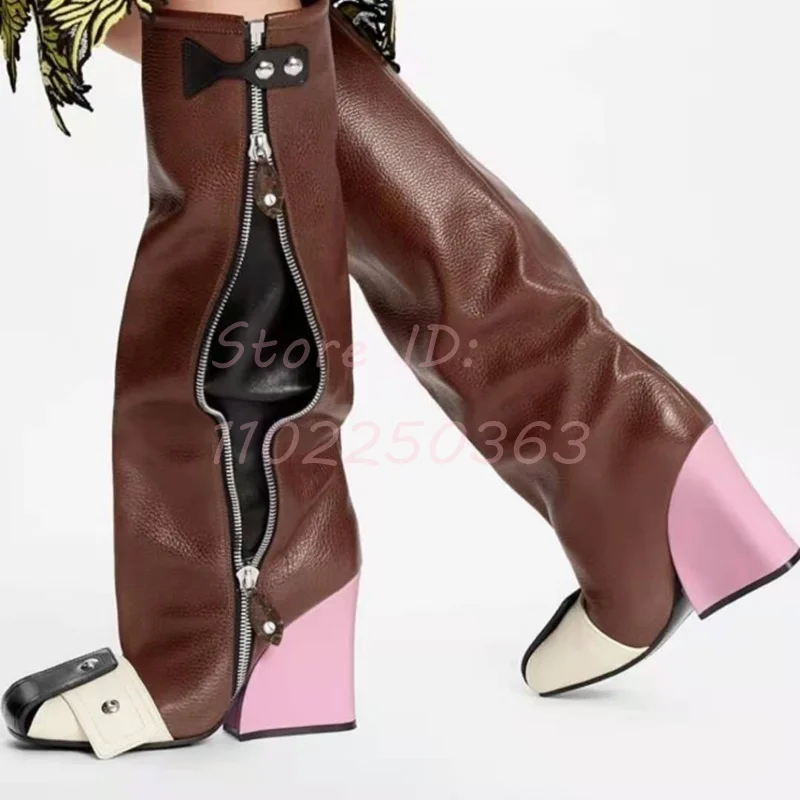 

Patchwork Rivet Catwalk Knee-high Boots Square Toe Fashion New Style Belt Buckle Side Zipper Chunky Heel 2024 Women Modern Boots