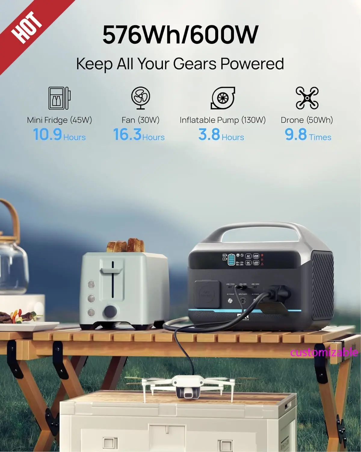 

Portable Power Station 600W (1200W Surge), 576Wh (180,000mAh) Solar Generator,LFP Battery 1Hour Fast Charging, 100W USB-C Output