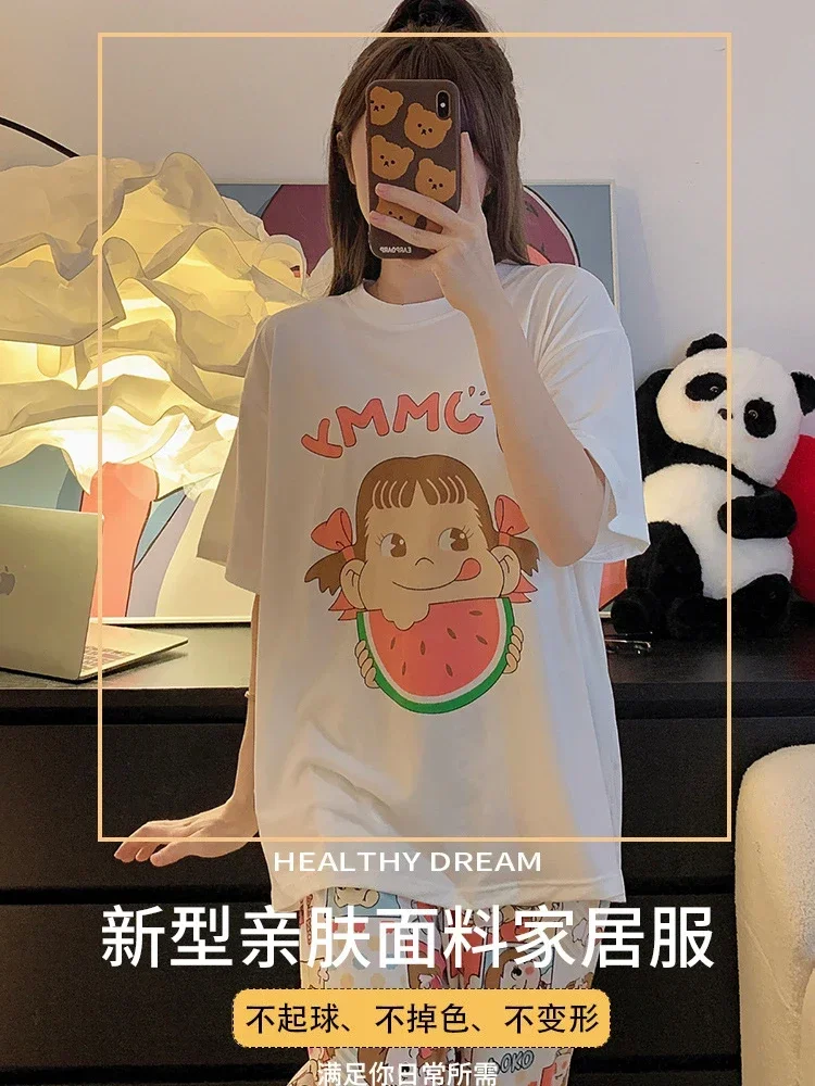 140Kg Large Size Korean Ins Pajamas Set for Women Cartoon Short Sleeve Trousers Can Be Worn Outside 2-piece Loose Home Clothes