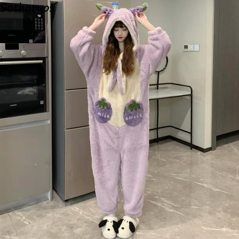 

Comfortable Daily Chic Women Onesies Lovely Hooded Ulzzang Warm Homewear Thick Kawaii Females Simple Patchwork Soft Casual Ins