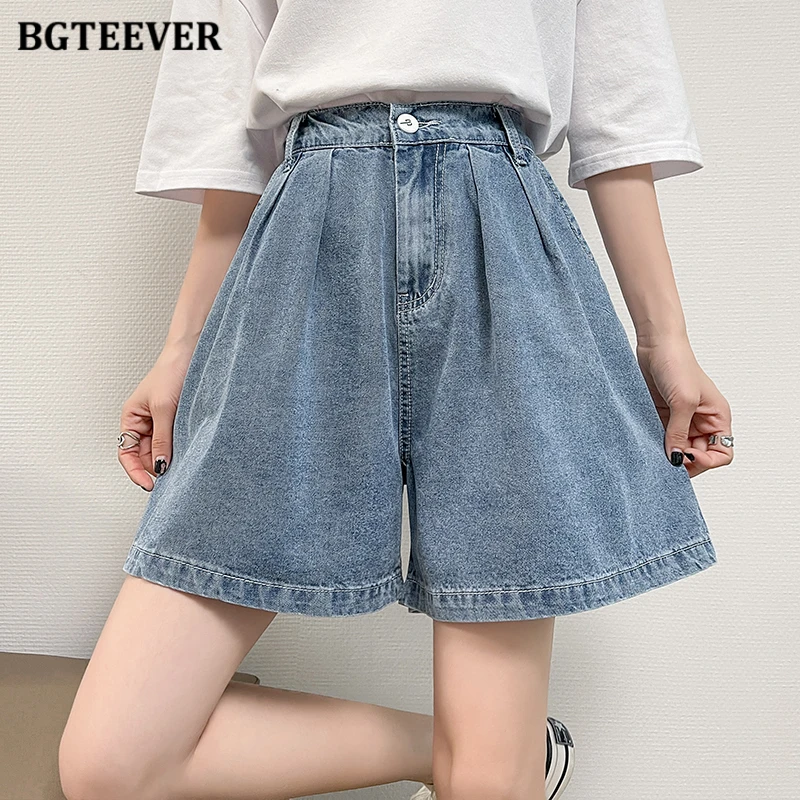 

BGTEEVER 3XL Summer Women Wide Leg Denim Shorts Loose Casual Female A-line Jeans Shorts