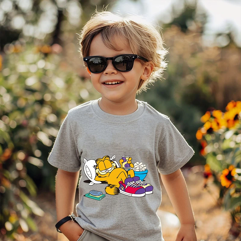 

Garfield Printed Kids T-shirt Summer Children's Cotton Short Sleeve Gray Casual Top Suitable for Boys and Girls