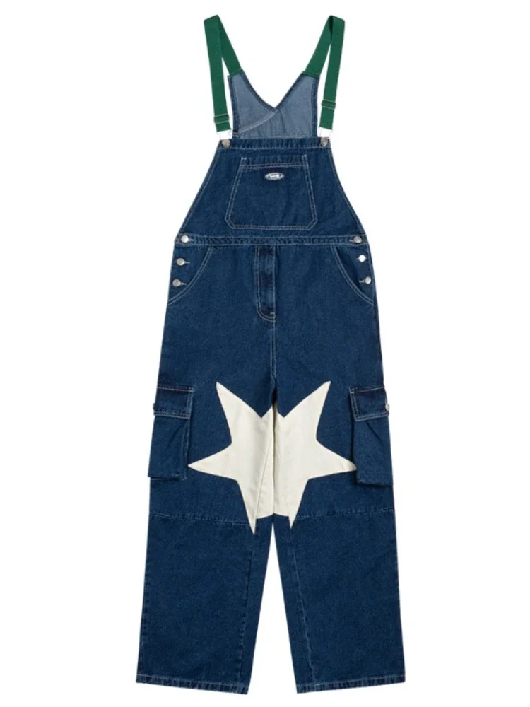 HOUZHOU Vintage Cargo Denim Pants Women Overalls Oversized Star Girl Y2k Harajuku Fashion Retro Kawaii Denim Jumpsuit Streetwear