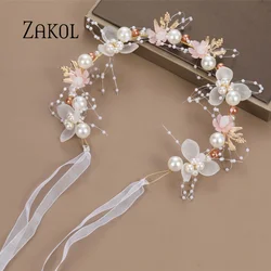 ZAKOL Fashion Blue Inlaid Pearl Flower Hair Ring For Women Children Princess Wedding Head Flower Fairy Hairpin Hair Jewelry