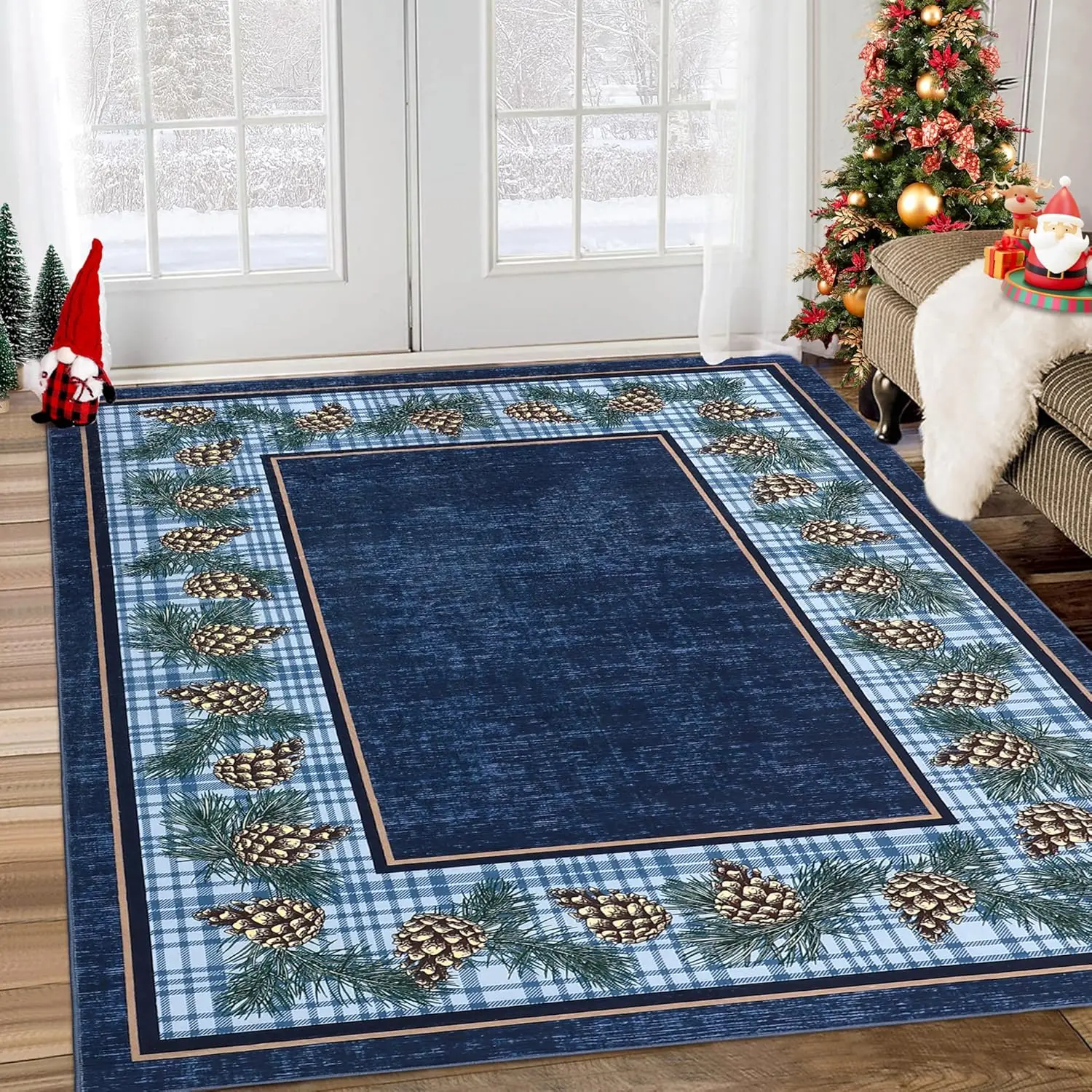 

Christmas Rug Pine Cones Decor courtly style Rug Non Slip Washable Rugs Low Pile Indoor Floor Cover for Bedroom Living Room,Blue