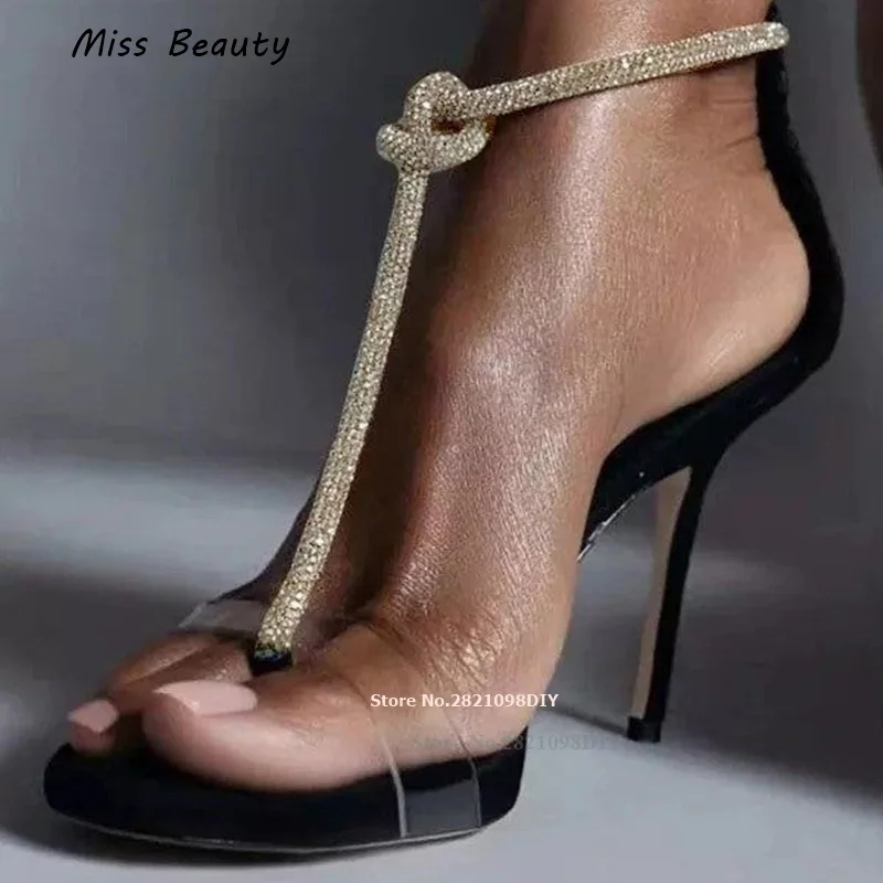 

Rope Buckle Straps Back Sexy Crystal Zipper Pvc Band Thin High Heel Sandals Women T Strap Summer Ankle Strap Dress Shoes