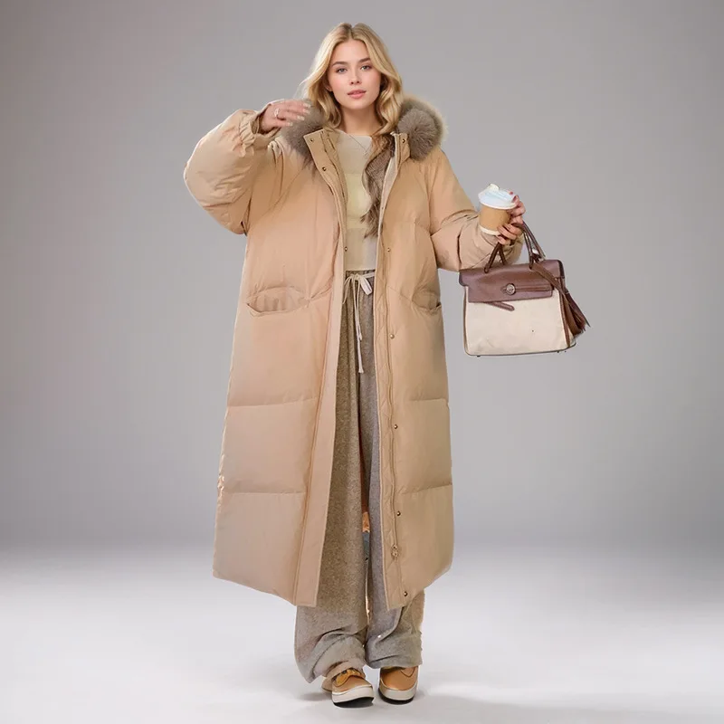 เสื้อแจ็คเก็ตพาร์กาสำหรับผู้หญิงฤดูหนาว แขนจั๊มยางยืด แต่งขนเฟอร์เทียม กระเป๋าแต่งขอบ ฮู้ด เสื้อโค้ทยาวคลุมเข่าสำหรับผู้หญิง