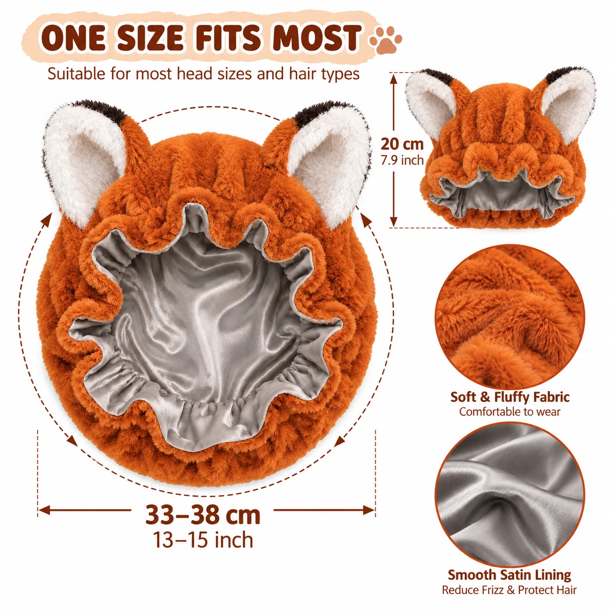 Fox Ear Plush Satin Lined Bonnet, Fluffy Sleep Hair Cap for Women Curly Hair Care