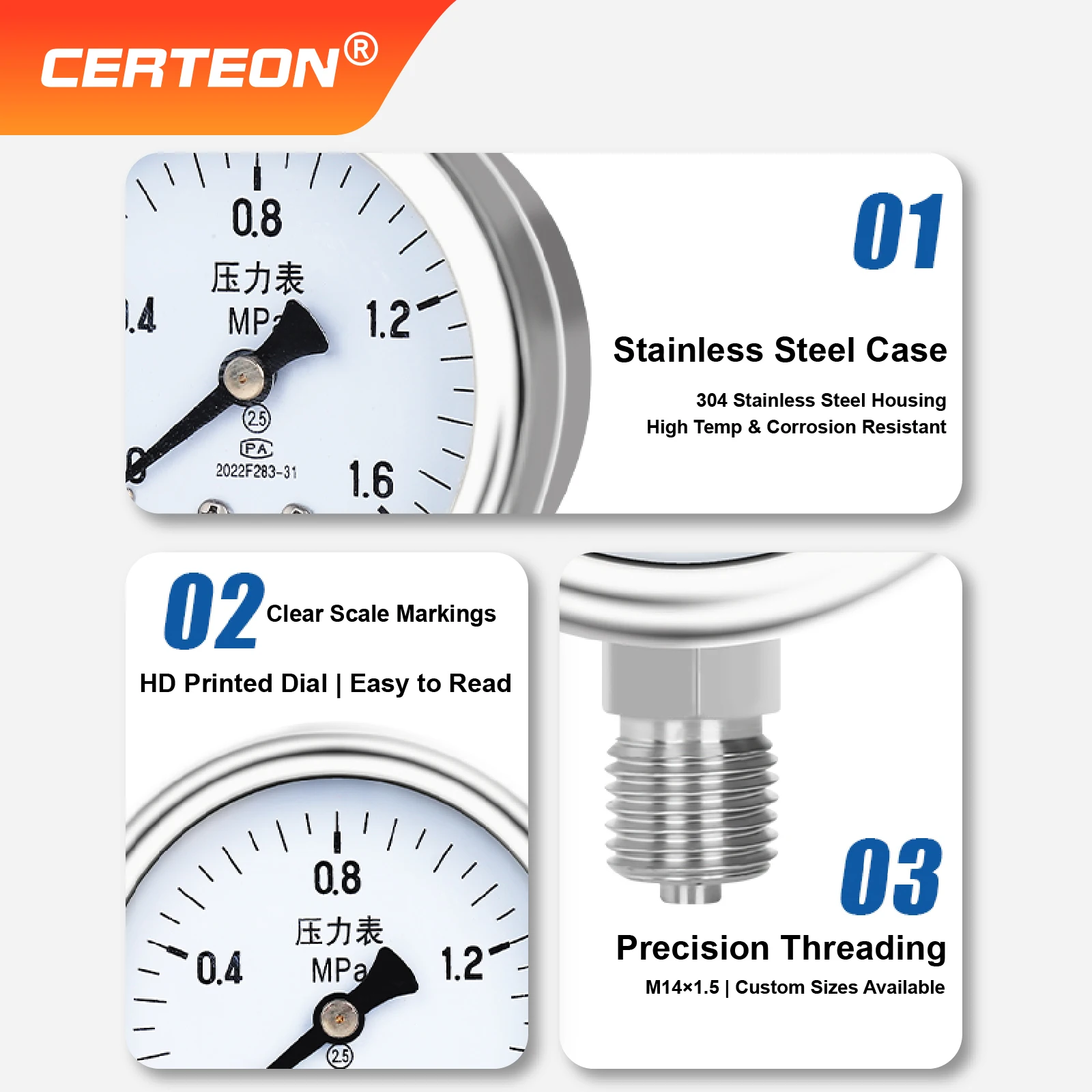 M14 * 1.5 thread radial mounting analog pressure gauge 0.1-60 MPa high pressure steam and vacuum resistance