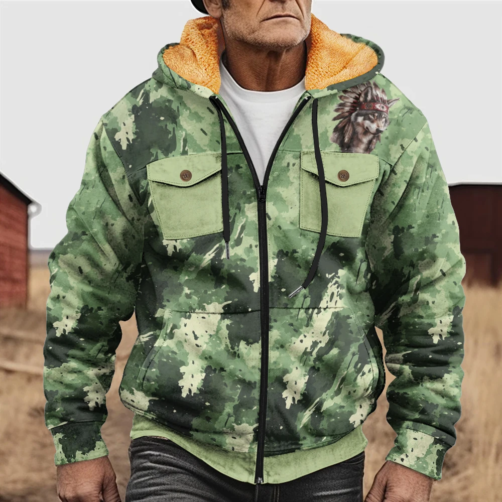 Casaco de inverno masculino com renderização verde e estampa do rei lobo nas costas, tendência retrô, grosso e quente ao ar livre