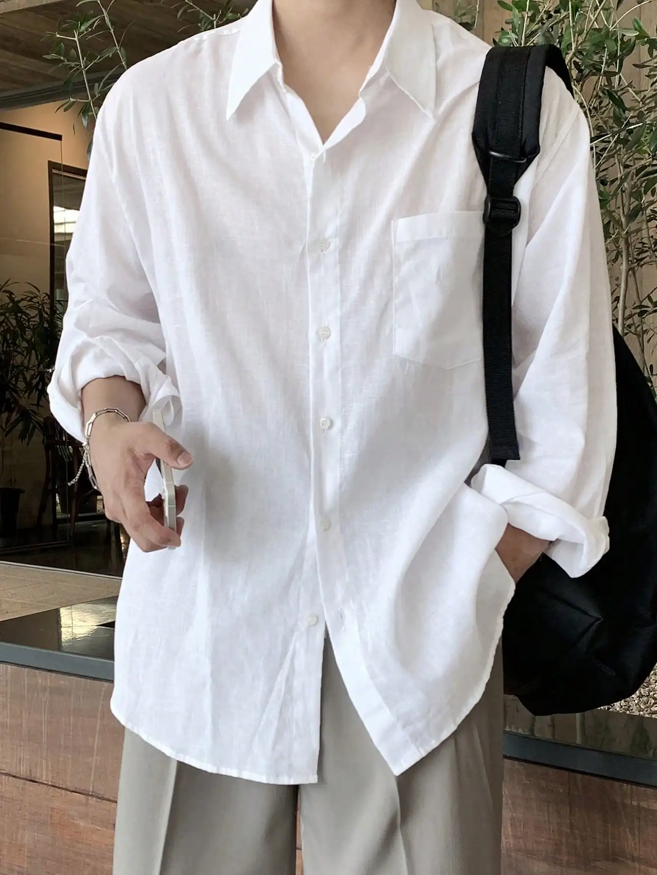 

Men's Loose Fit Long Sleeve Solid White Casual Shirt for Summer Fall