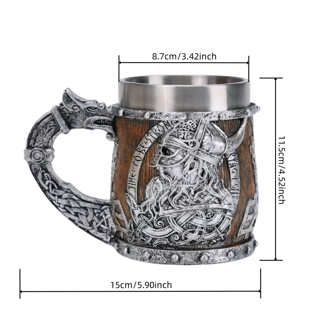 Valhalla Viking Stainless Steel Nordic Viking Barrel Dragon Boat Warrior Horn Skull Beer Mug Tankard Stein Cup 400 ml - view 2