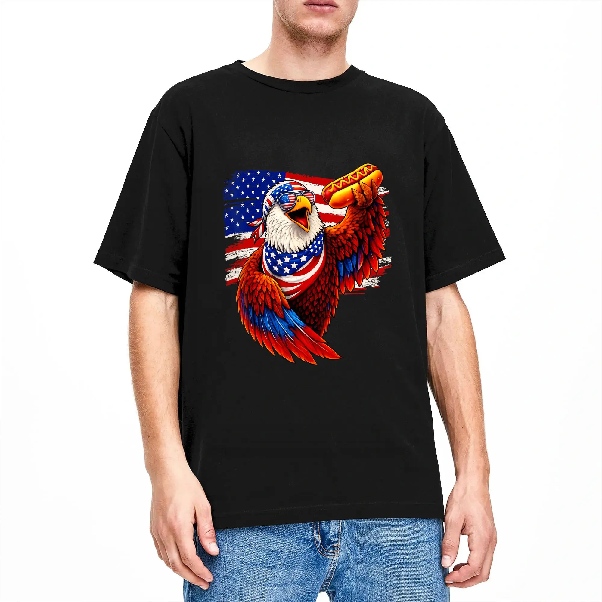 4th of July Funny Eagle Hotdog USA Flag Cotton T Shirt For Men Summer  Classic T Shirts Leisure Tees Oversized Cheap Tops