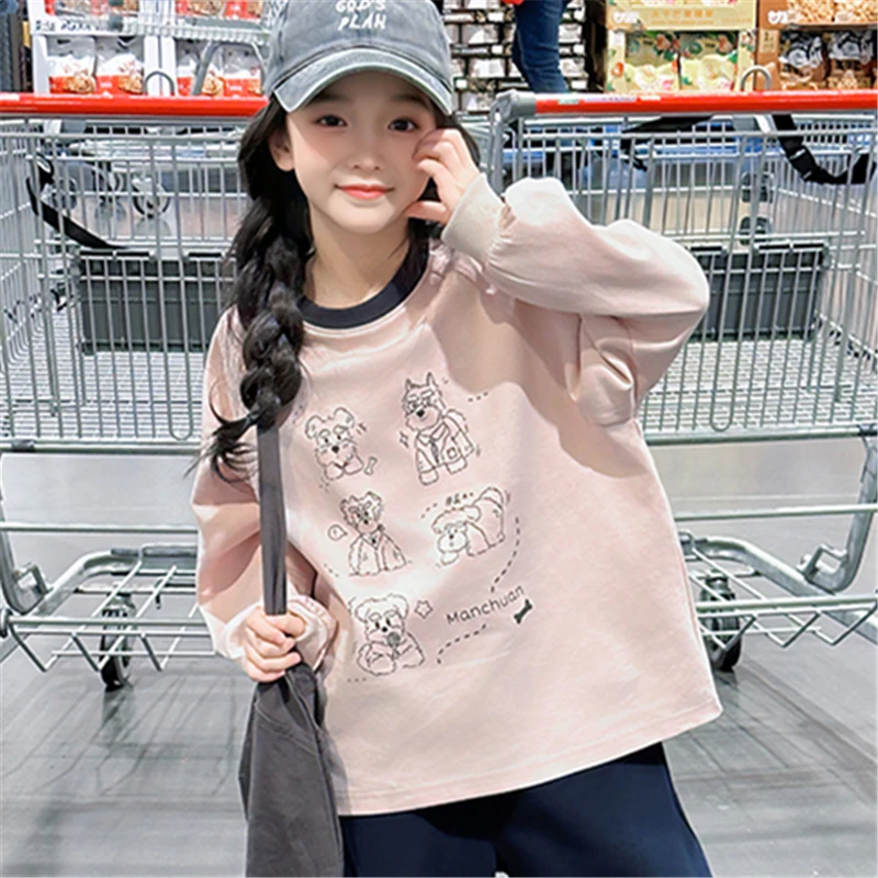 Teens Girl Clothes Children Sweatshirt Cartoon Print Tops Long-sleeved Loose Fashion Kids Child Autumn Comfy Clothing Age 5-14T