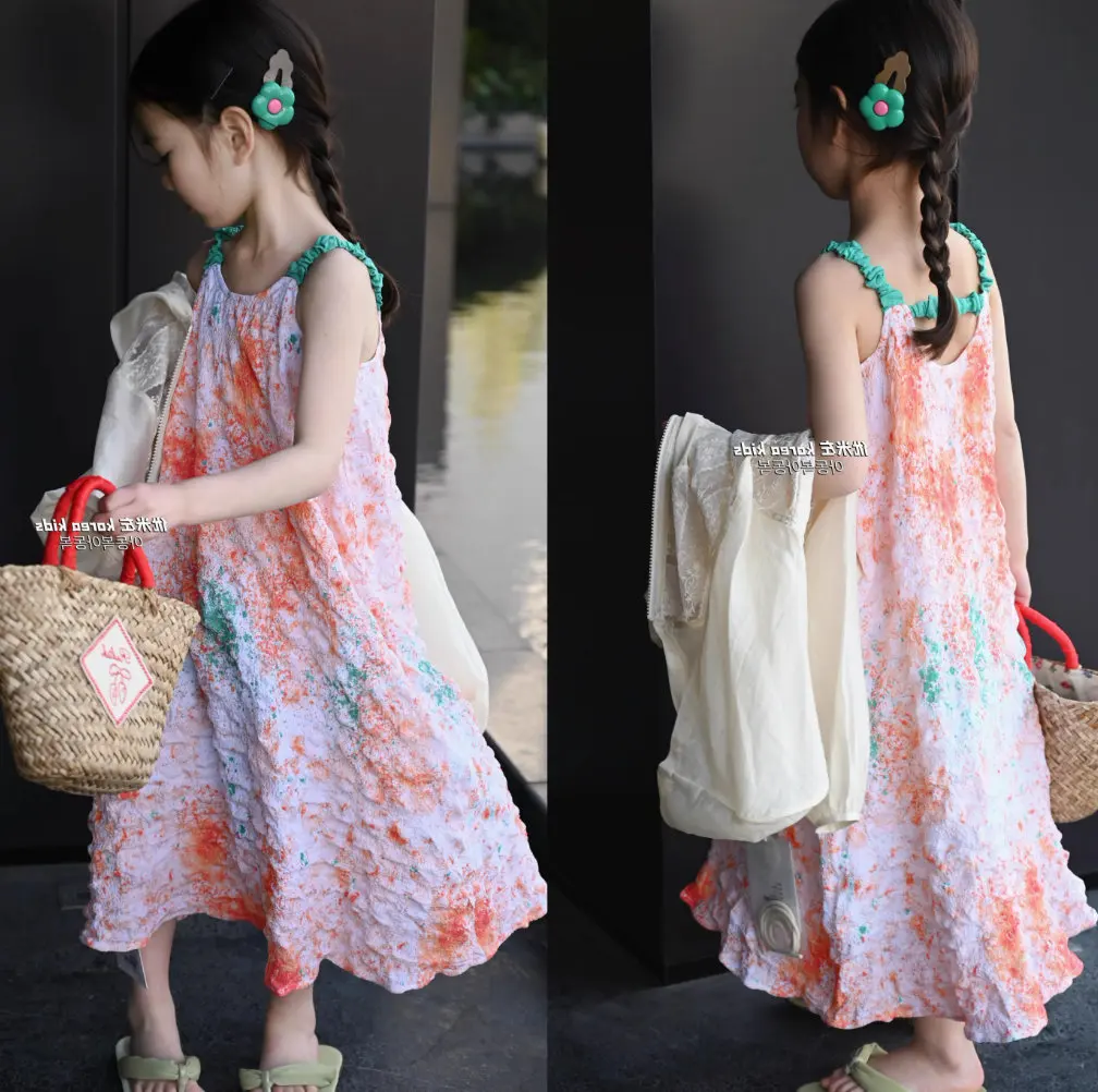 

Trendy Tie-dye Maxi Vest Dress Little Girl's Suspender Dress Blurred Beach Girls' Dress Kids Clothes Girls Kids Wear