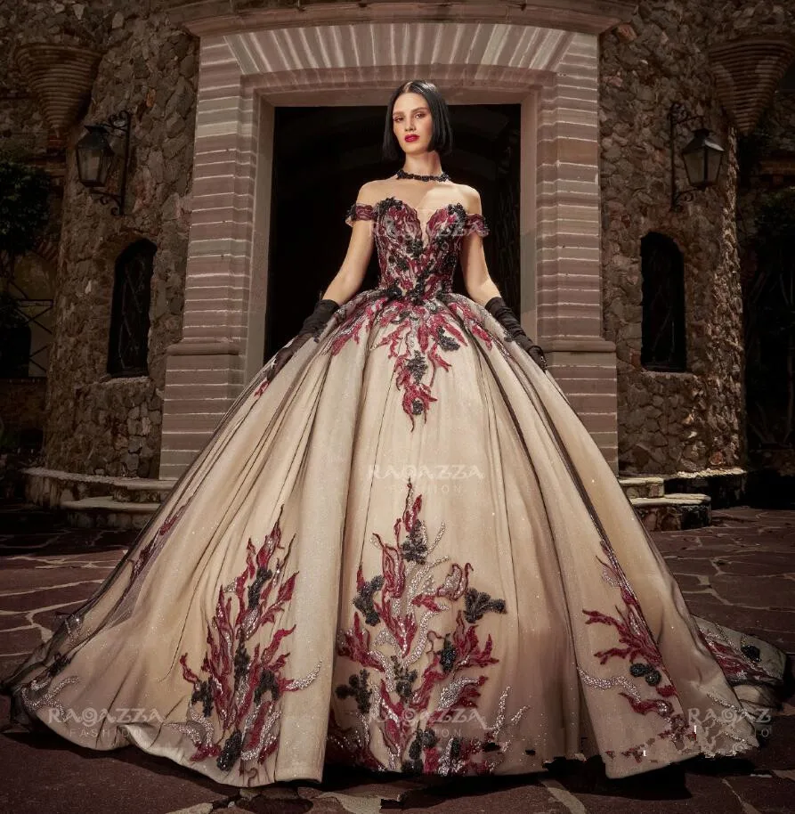 Vestidos de princesa para quinceañera, traje brillante con hombros descubiertos, color Burdeos y negro, para graduación, 15 años, champán