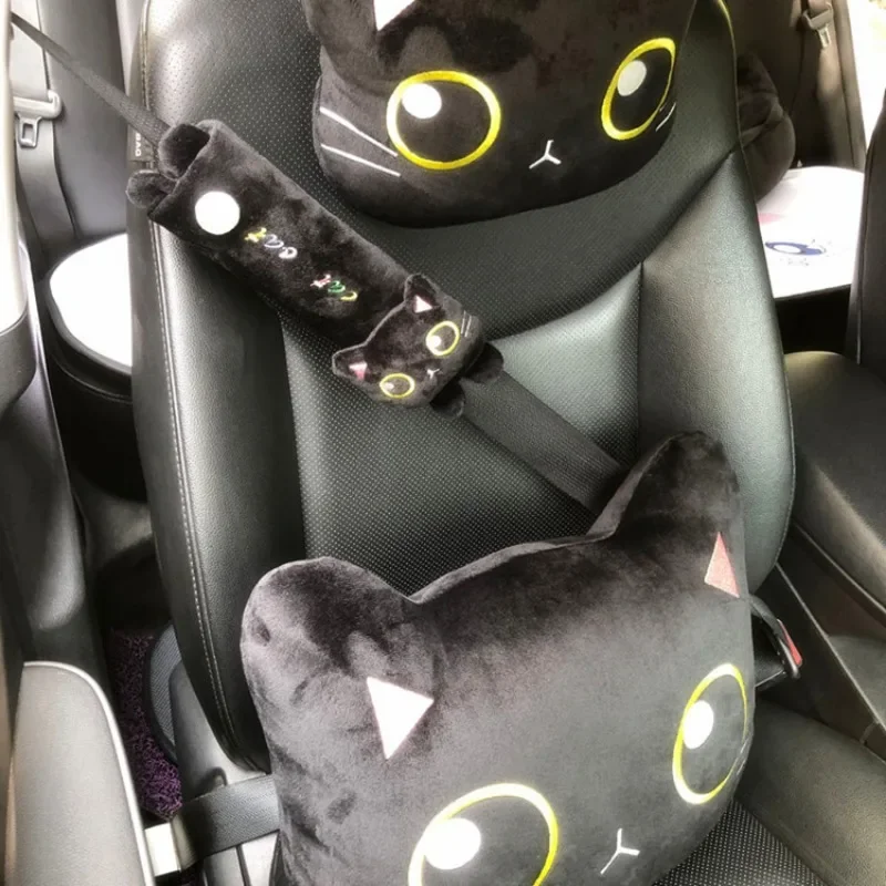 Cute Cat Car Neck Pillow Cartoon Cat Head Car Headrest Travel  Cushion  Cat Seatbelt Shoulder Pads Covers Rearview Mirror Cover