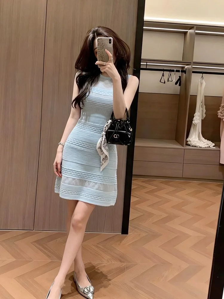 

VIBE Summer New Blue Knitted Sleeveless Dress Women's Waist Cinched Slimming A-Line Skirt Lightweight Breathable Soft Fabric