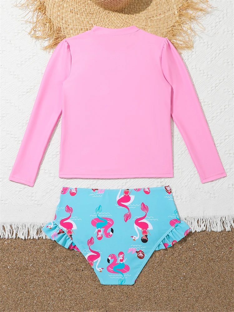 Kids Swimsuit Girls 2024 New Flamingo Long Sleeve Children Swimwear Summer High Waist Two Piece Ruffle Beach Wear Bathing Suit