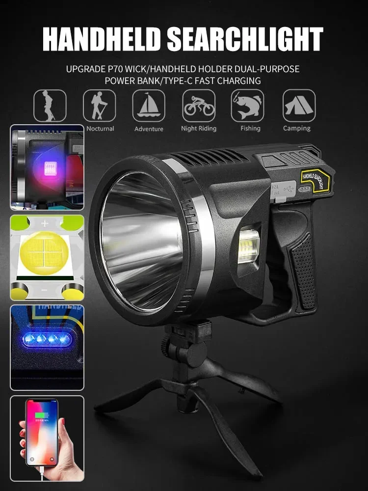 Led Searchlight Rechargeable High Power Led Flashlights Ultra Long Lighting Distance Lamp XHP70 Powerful Lantern Torch