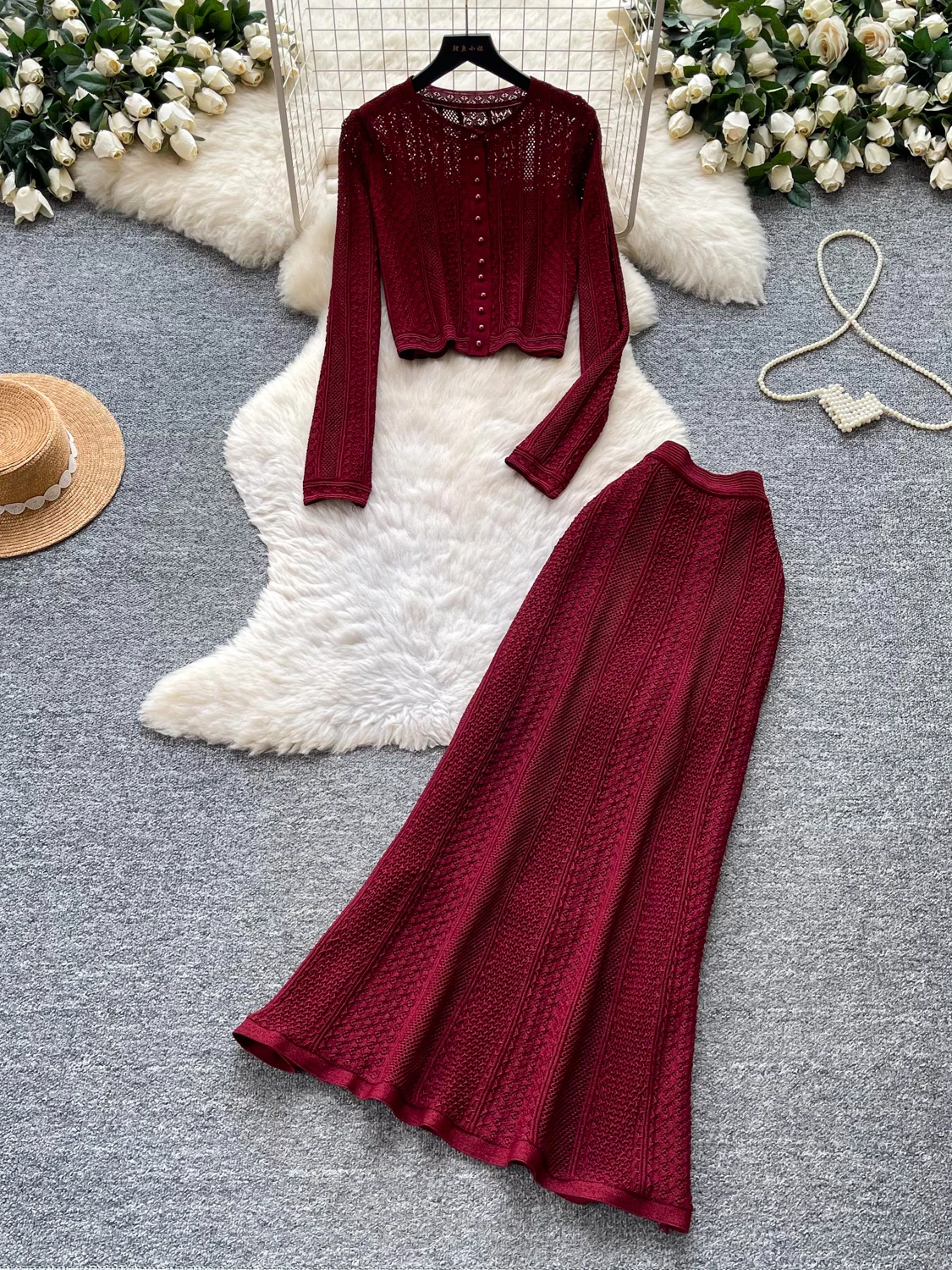 Women's Knitted Open Cardigan High Waist  Skirt Two-Piece Set Fashionable Commute Style Autumn Slim Fit Casual Outfit