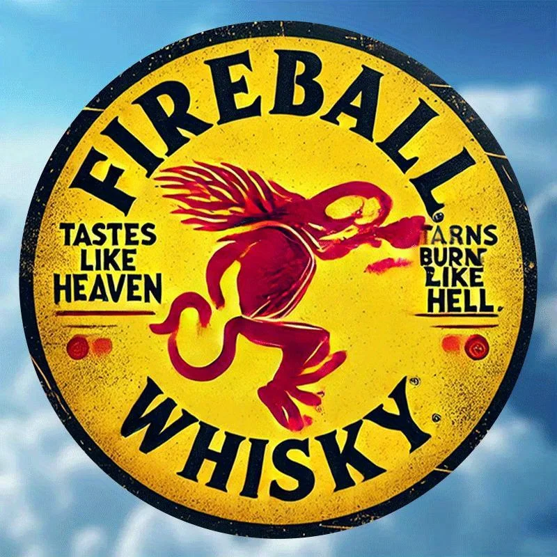 2D 1 قطعة، "Fireball Whisky" علامة معدنية كلاسيكية مستديرة 20.32 سم، لهب الويسكي، للمنزل والفن ديكور الحائط - مثالية للبار