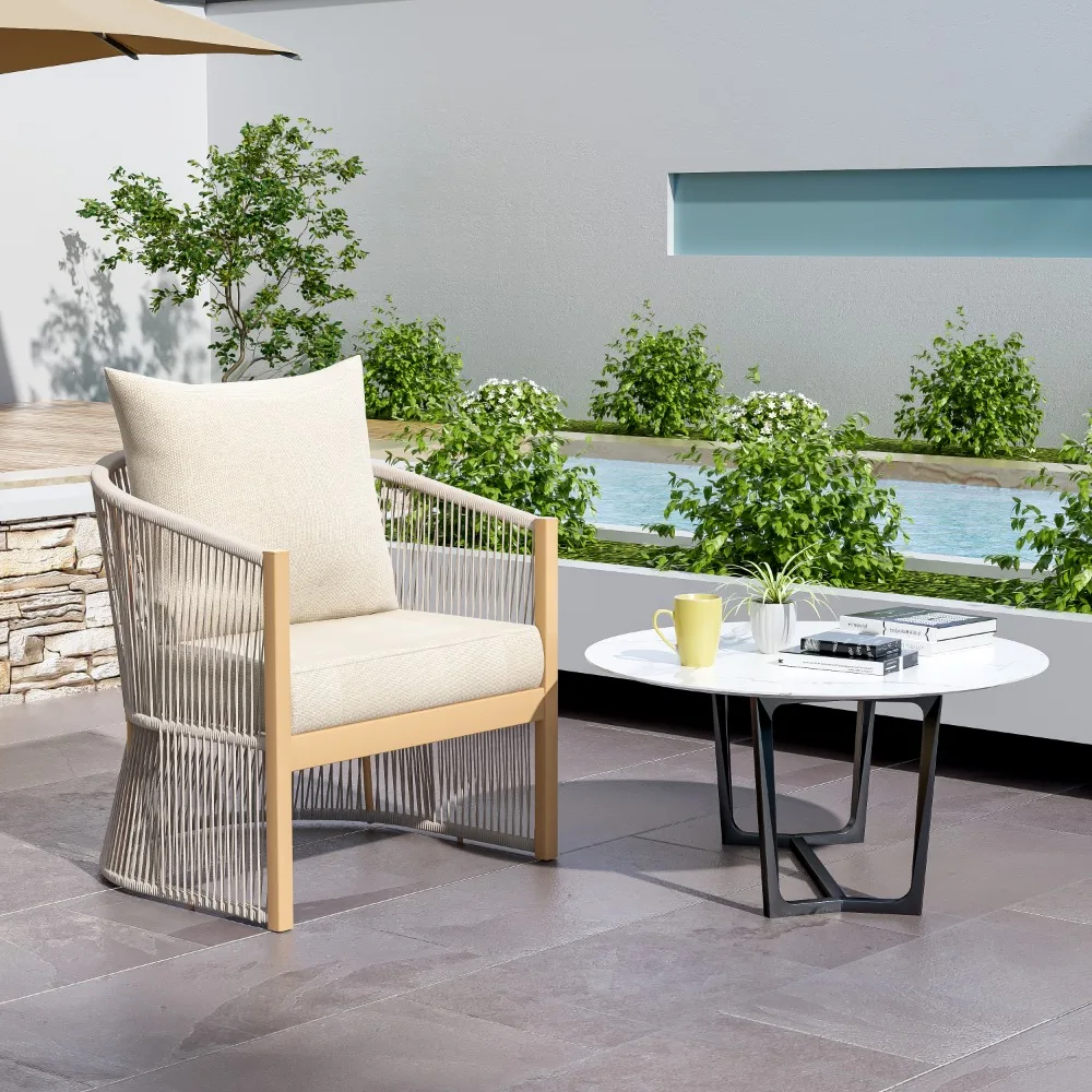 كرسي صالة ألومنيوم منحني باللون البيج الحديث مع تصميم أنيق منسوج بحبل وكرسي حديقة مريح مبطن #3