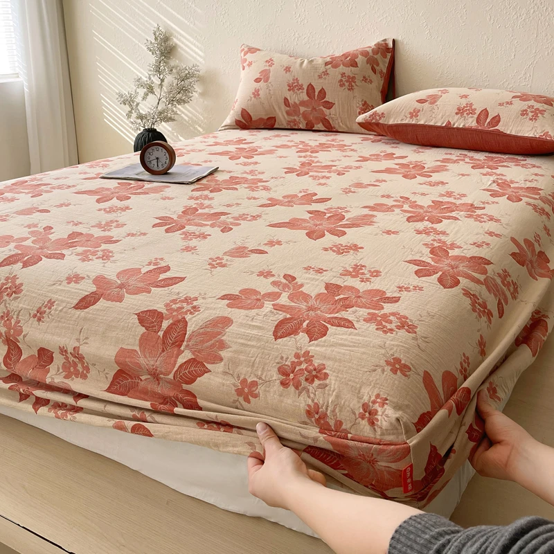 100%Cotton Fitted Sheets Maple Leaf Printed Bed Sheets Single/Queen/King Double-layer Gauze Bed Sheet sabanas cama matrimonial