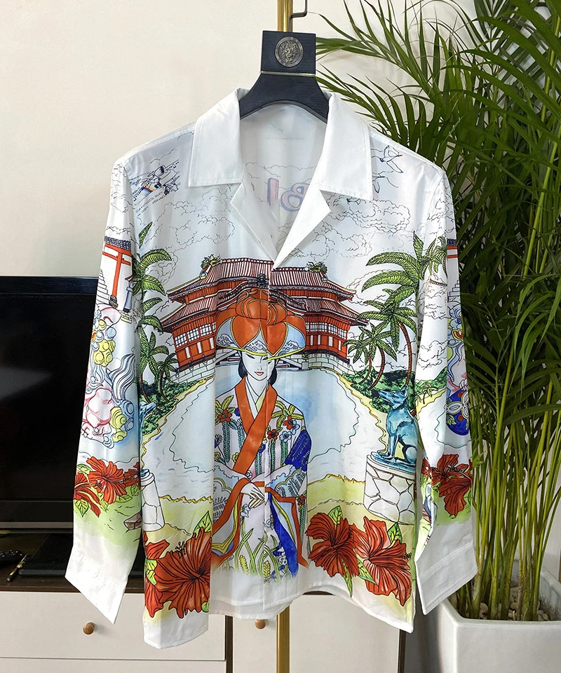 Spring and summer new Japanese and Korean fashion trend foreign trade cross-border digital print men\'s lapel long-sleeved shirt