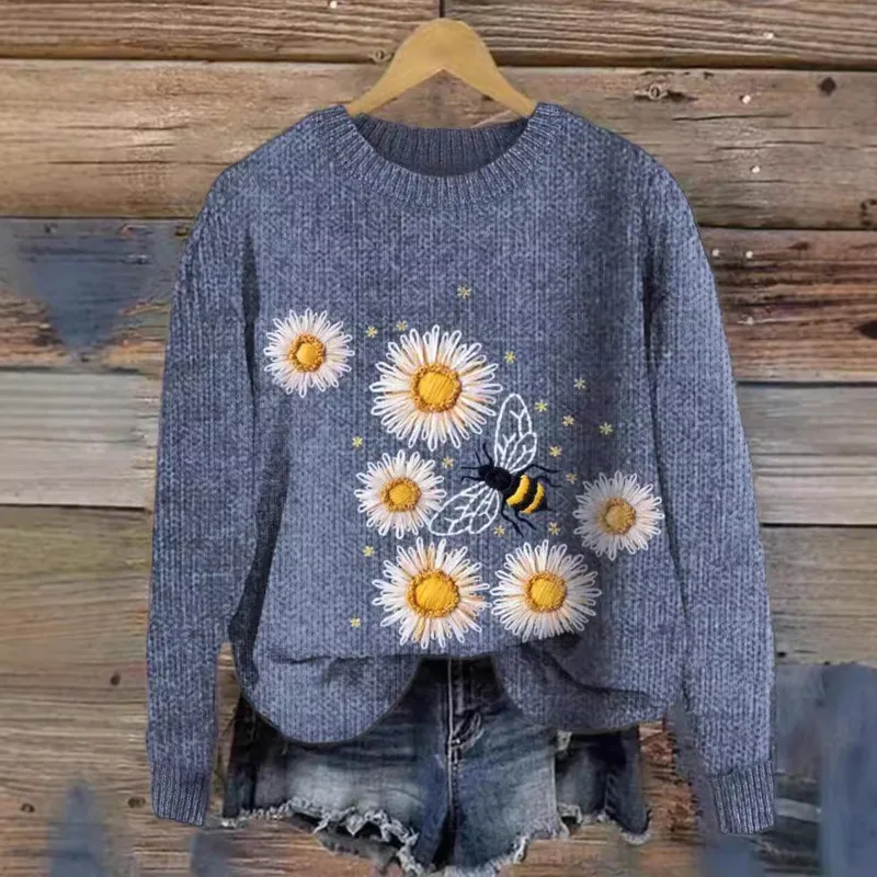 

3D Flower Bee Digital Printed Hoodie Women's Thin Sweater European And American Sweet Loose Long Sleeve Couple Hoodie Top New