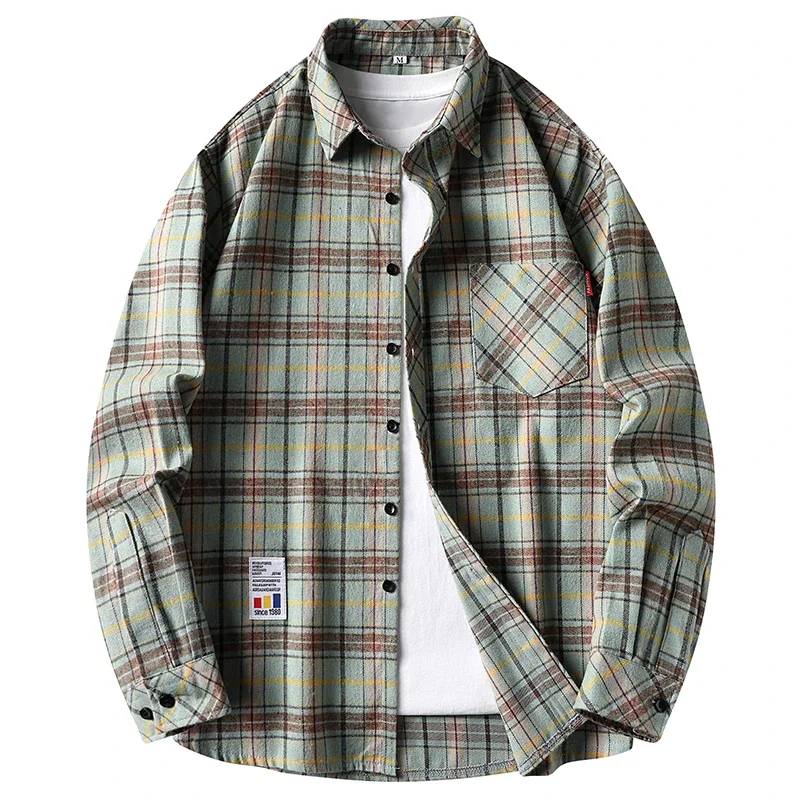 Breathable Check Pattern Shirt Loose Fit Turn Down Collar Pocket Tag Autumn Daily Casual Men Outer Blouse