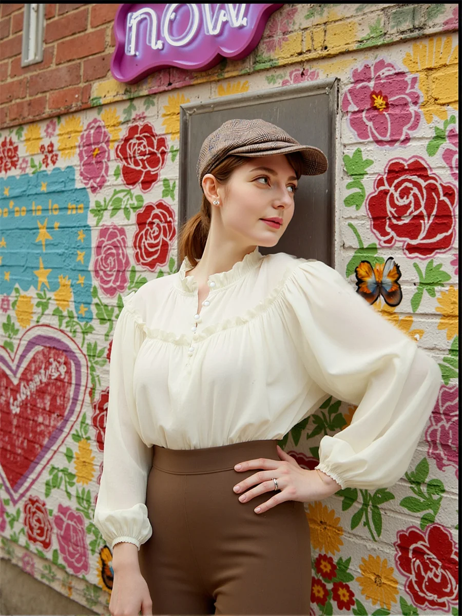 

Edible Tree Fungus Edge Shirt Women Mandarin Collar Stand Neck Chinese Style Asian Button Front Simple Basic Casual Minimalist