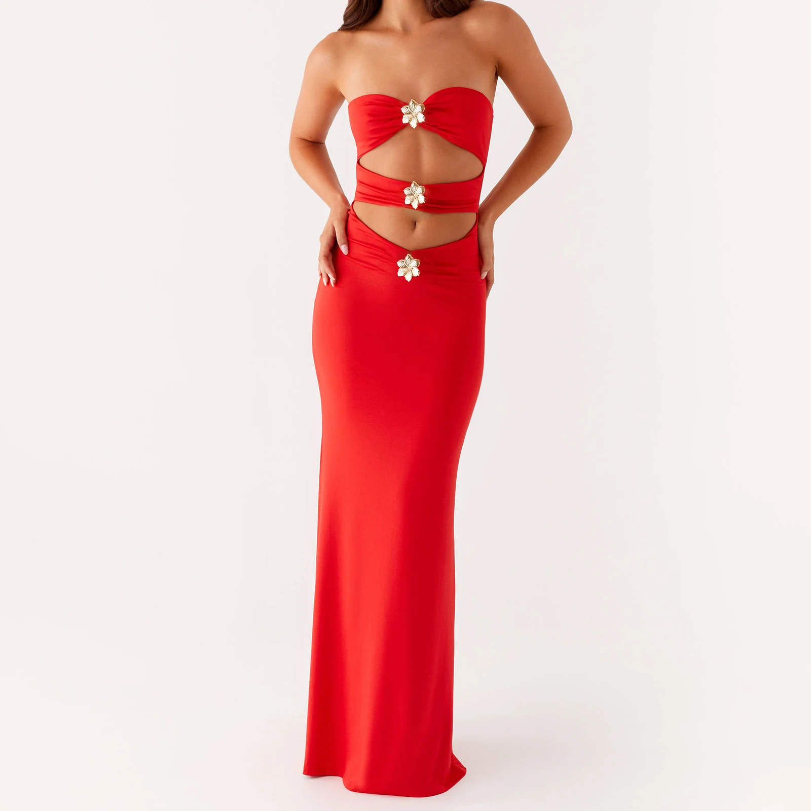 Vestido largo de tubo para mujer, vestido ajustado con flores de Metal y hombros descubiertos, vestido ajustado sin mangas para fiesta, Club, vacaciones, elegante y elegante