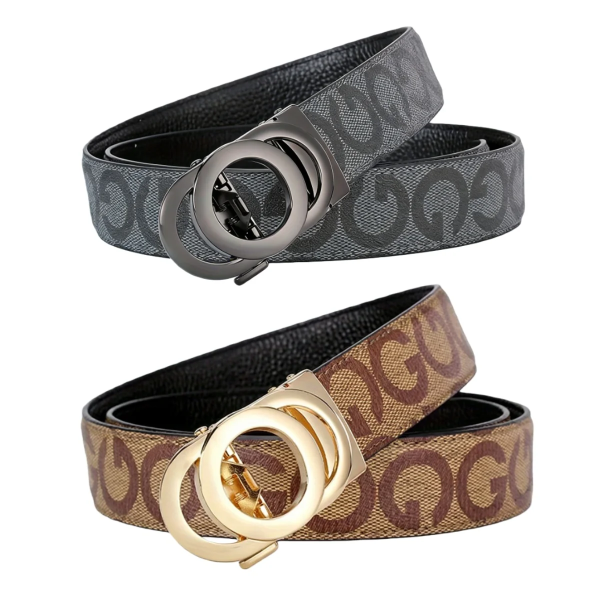 

POYYAS 2Pcs Men's For Women Fashion Luxury Genuine Leather Embossed Belt with Letter G Automatic Alloy Buckle - Fashionable Accessory for Casual Jeans, Adjustable