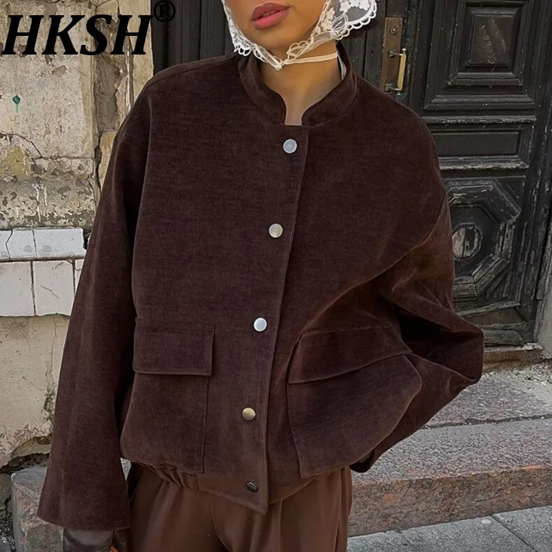 

HKSH Spring Autumn New Women's Jacket Stand Collar Single Breasted Pockets Solid Color Versatile Streetwear Fashion Coat HK14918