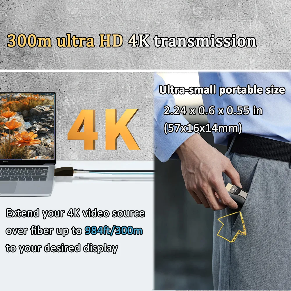 Przedłużacz światłowodowy Mini 4K HDMI, nadajnik-odbiornik światłowodowy HDMI1.4a / 2.0 do 300 m, konwerter światłowodowy HDMI 4K@30HZ/60Hz,