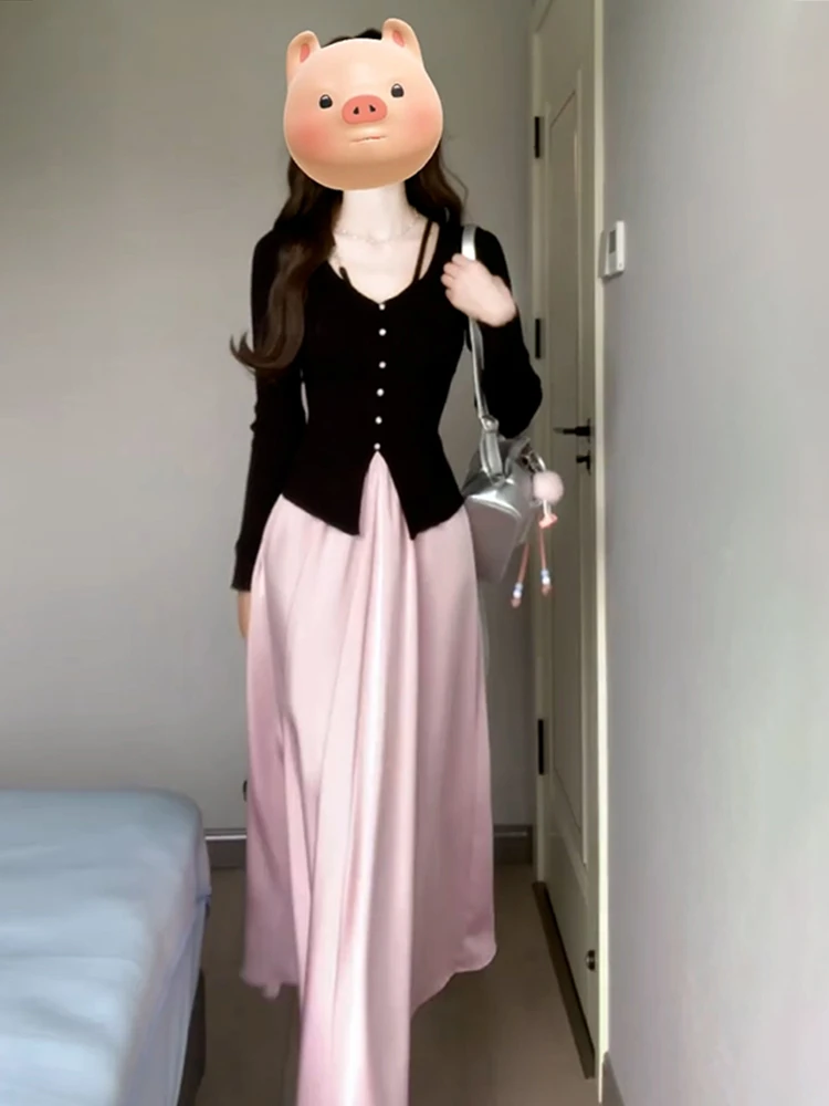2026年初秋新作 韓国風高級ニットセーターとピンクスカートのセット ブラロングスリーブVネックAラインドレス