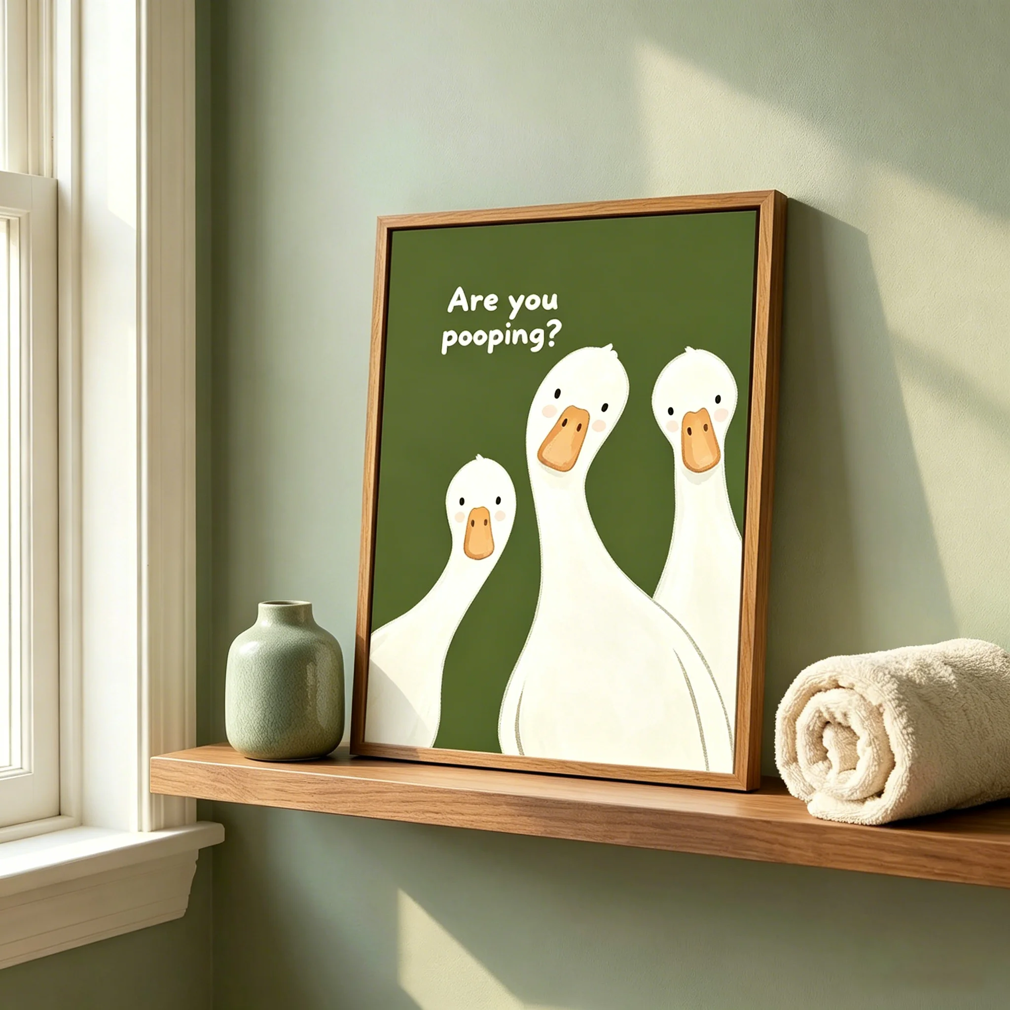 Funny Goose Framed Wall Art, Cute Duck Bathroom Decor, Humorous 