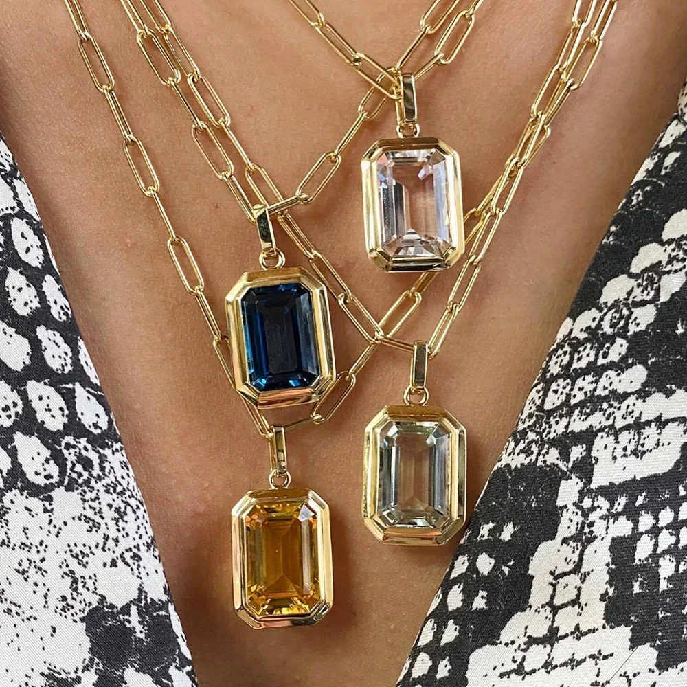 Geometric Square Multicolour Crystal Pendant Necklace for Women Gold Plated Link Chain Clear CZ Stone Neckalces Collar Jewelry