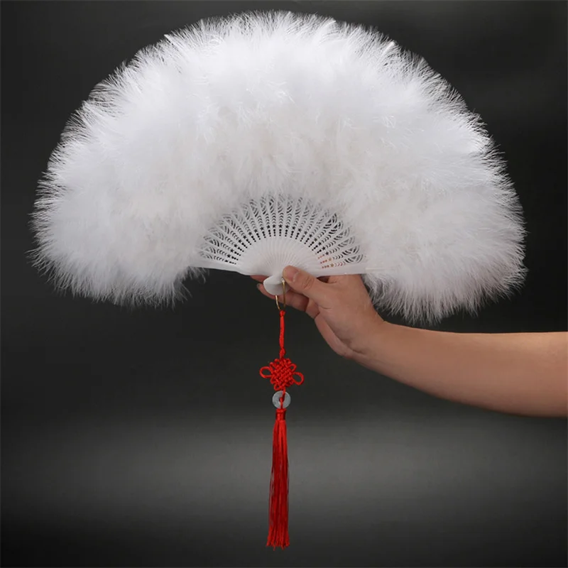 Elegant Folding Fan Full Velvet Colorful White Feather Fan Chinese Knot Hand Fan Fairy Girl Dance Wedding Party Decoration