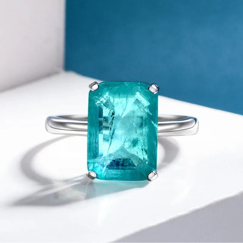 Gica Gema 925 Sterling Silver 10*14MM Synthesis Emerald Cut Paraiba Tourmaline Wedding Rings For Women Party Fine Jewelry Gifts