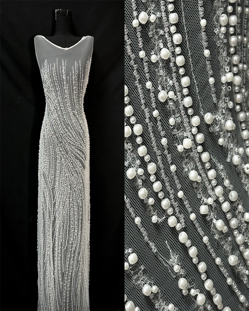 

Elegant French Embroidery Heavy Beaded Net Lace Fabric African Nigerian Tulle Mesh with Sequins Fabric for Wedding Dress