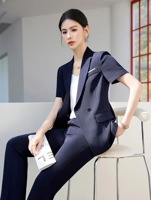 Summer short-sleeve navy blue small suit jacket women's pants cross-border two-piece set